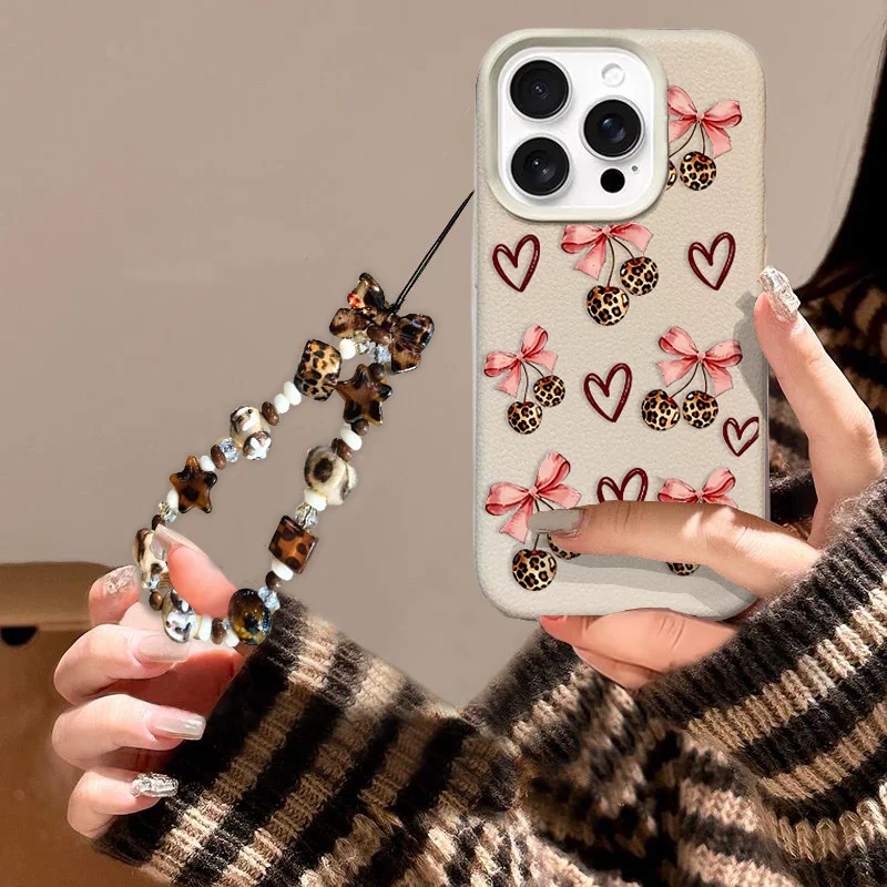 Lovely Heart Leopard Cherry Bow Chain Case For Samsung Galaxy A16 A15 A14 A13 A54 A53 A52 A36 A35 A34 A33 A32 A26 A25 A24 A07