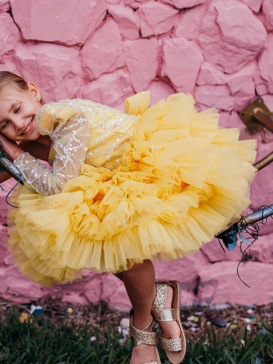 Robe bouffante en tulle à paillettes jaunes pour enfants, robe de demoiselle d'honneur initiée unique, nœud de perle, robe de Rhde fête d'anniversaire, robes de princesse pour mariage