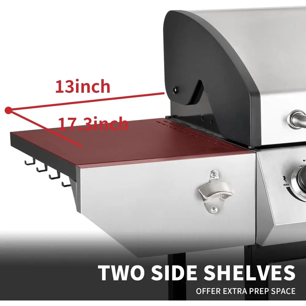 4-Burner Propane BBQ Grill with Side Burner and Enamel Cast Iron Grates, Outdoor Patio Gas Grill with 53,000 BTUs, Stainless Ste