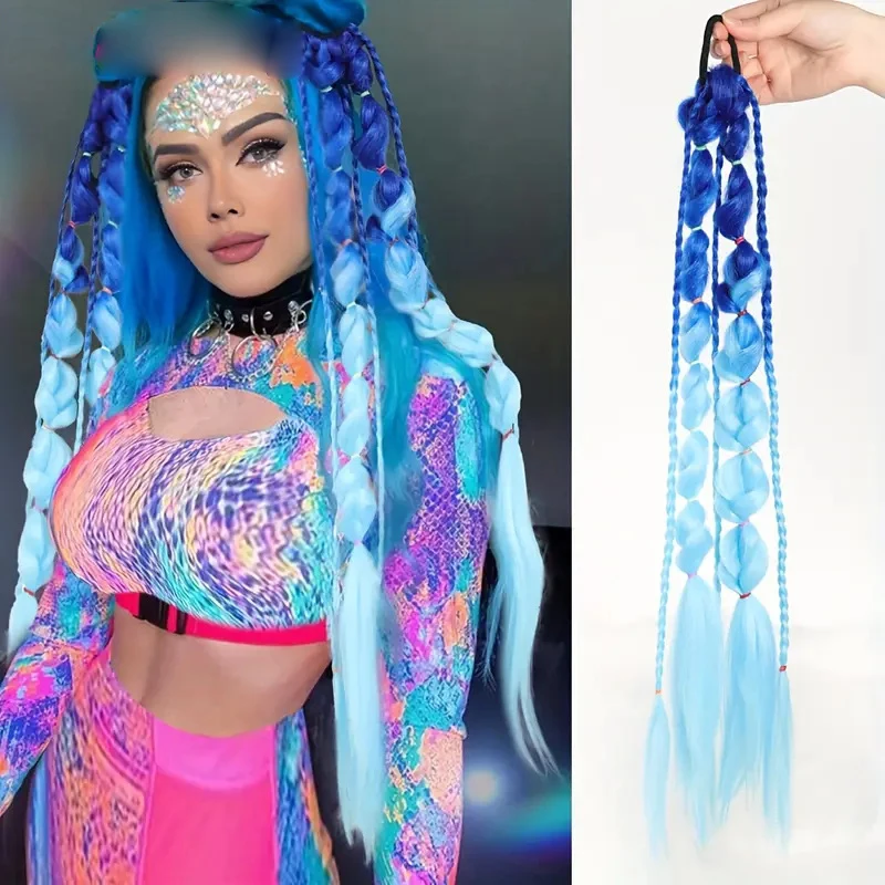 1 قطعة ذيل حصان الاصطناعية تمديد Corlorful فقاعة جديلة فانوس طويل مضفر ذيل حصان مع الشعر التعادل مستقيم قطع الشعر #2