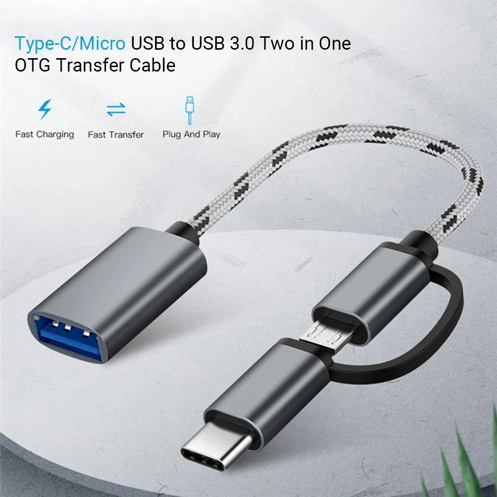 สายเคเบิล USB OTG 2 ใน 1 Type-C/Micro-USB ไปยังอะแดปเตอร์ USB 3.0 แบบถักออกแบบสายถ่ายโอนข้อมูลสําหรับโทรศัพท์ Android (สีเทา)