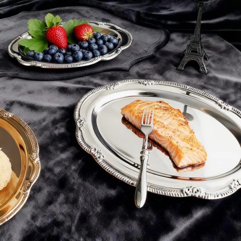 

1PC Vintage Embossed Silver Tray Serving Platter For Desserts Jewelry Storage Organizer Snack Plate Dining Table Decoration