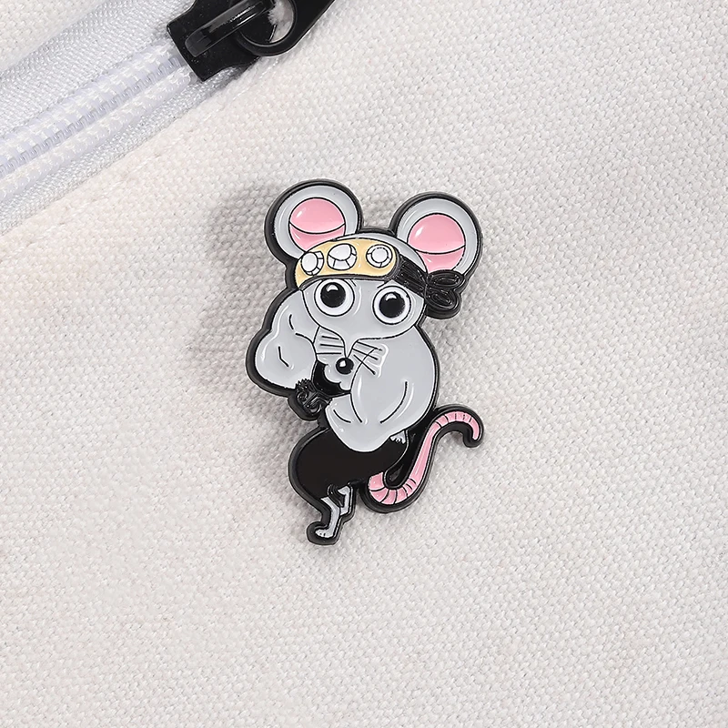 Muscle Mouse Pin Buff Rat Cartoon Brooch Gold Headband Black Bandana Funny Gym Animal Badge for Backpack Jacket Decoration