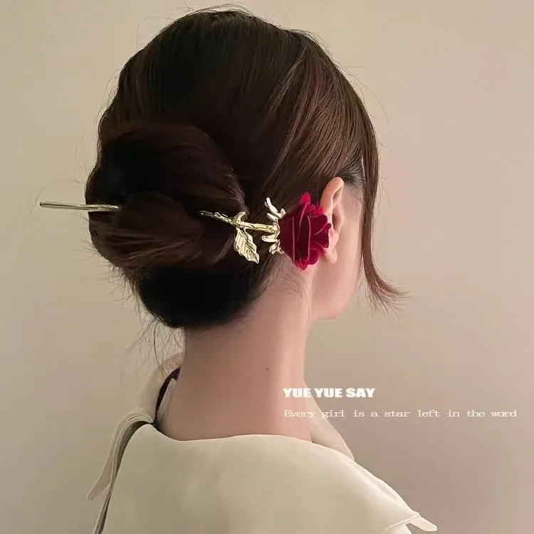 2023 New Chinese Flocked Rose Hairpin Ancient Exquisite Tassel Hairpin High Level Retro Hair Stick Bride\'s Pan Hair Headwear