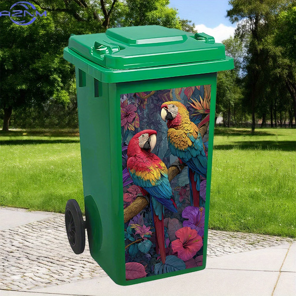 2D Flat Printing' 1pc Trash Can Sticker XCm Colorful Parrot Design Theme Decoration Wall Sticker Self-Adhesive Kitchen Trash C