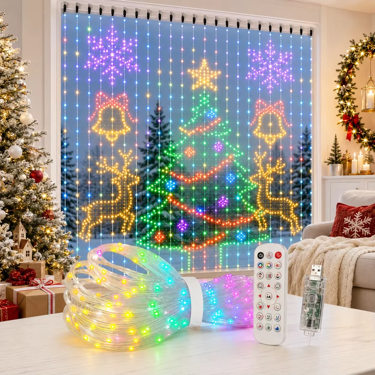 Smart RGBIC Curtain Lights APP Bluetooth Control DIY Pixel Patterns Music Sync Fairy String Lights Christmas Window Decor
