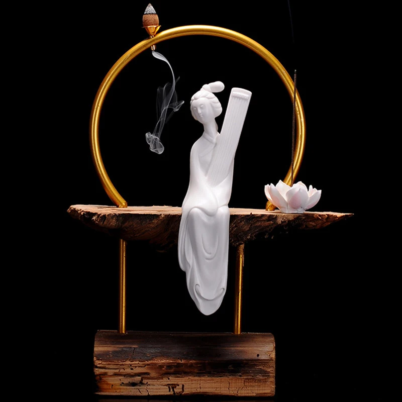 Zen-Style Weathered Wood Backflow Incense Ornament For Home Living Room, Creative Ceramic Beauty And Lady Decoration
