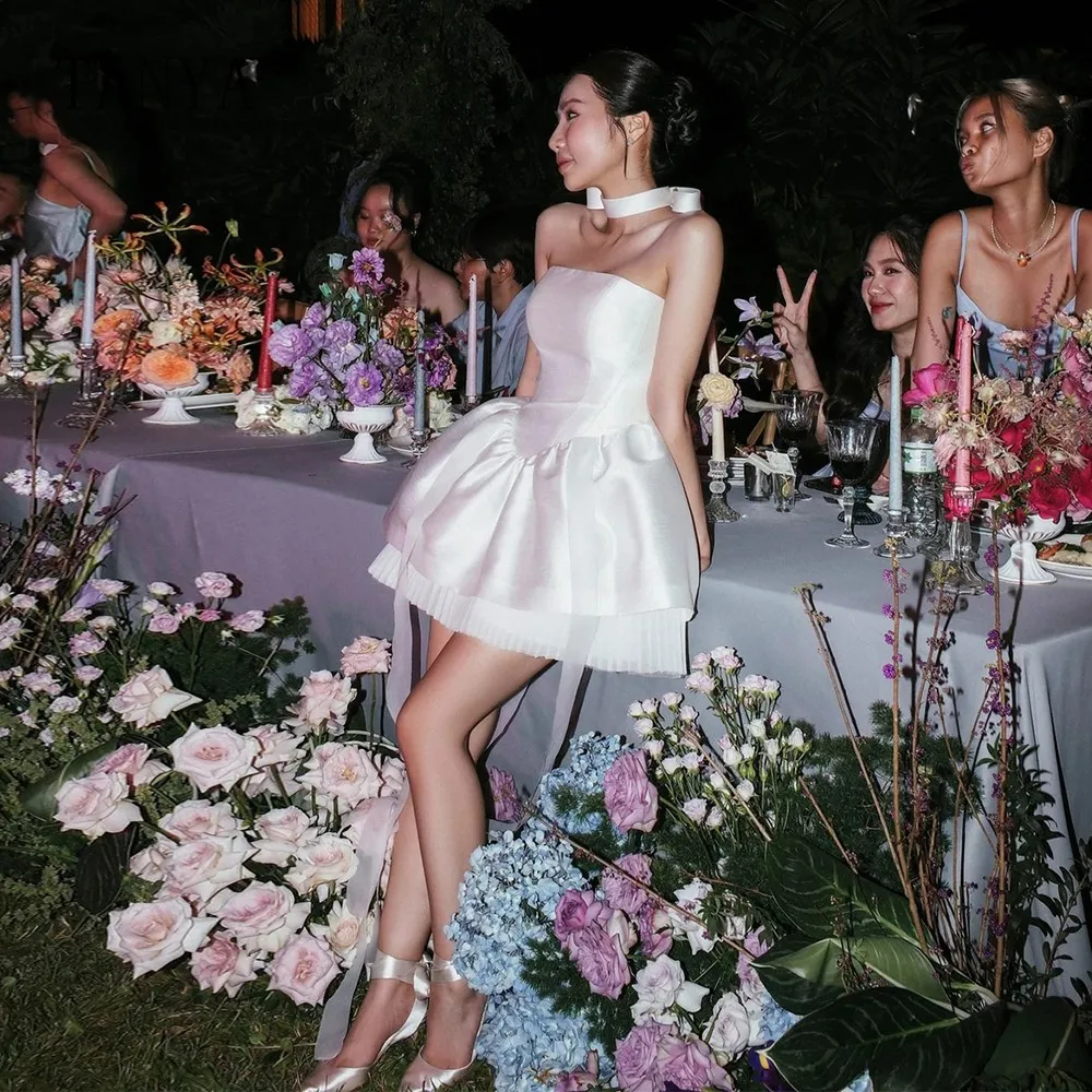 Vestido de novia de satén con cuello sin tirantes y mangas cortas hinchadas desmontables, línea A, hasta la rodilla, vestido de baile de fiesta nupcial, moda