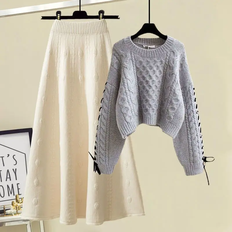 Outono e inverno conjunto feminino 2023 novo estilo coreano usar design sentir camisola de malha magro meia saia conjunto de duas peças