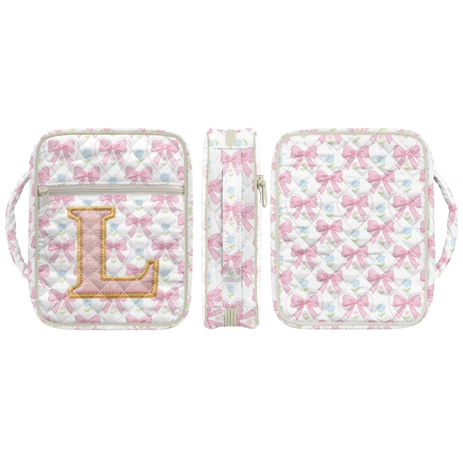 Coloranimal Quilted Bible Cover Case with Letter L Bow Floral, Zippered Tote Bag for Women Daily Scripture Reading 2024 New
