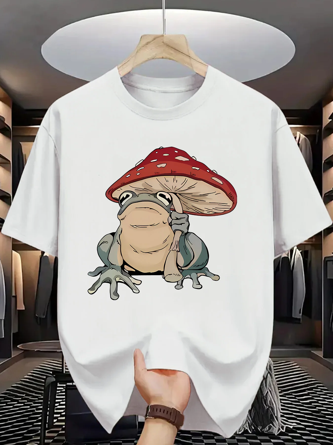 Frog Holding Red Mushroom Mens Crew Neck T Shirt Cute Cartoon Nature Graphic Short Sleeve Tee Casual Male Street Tops