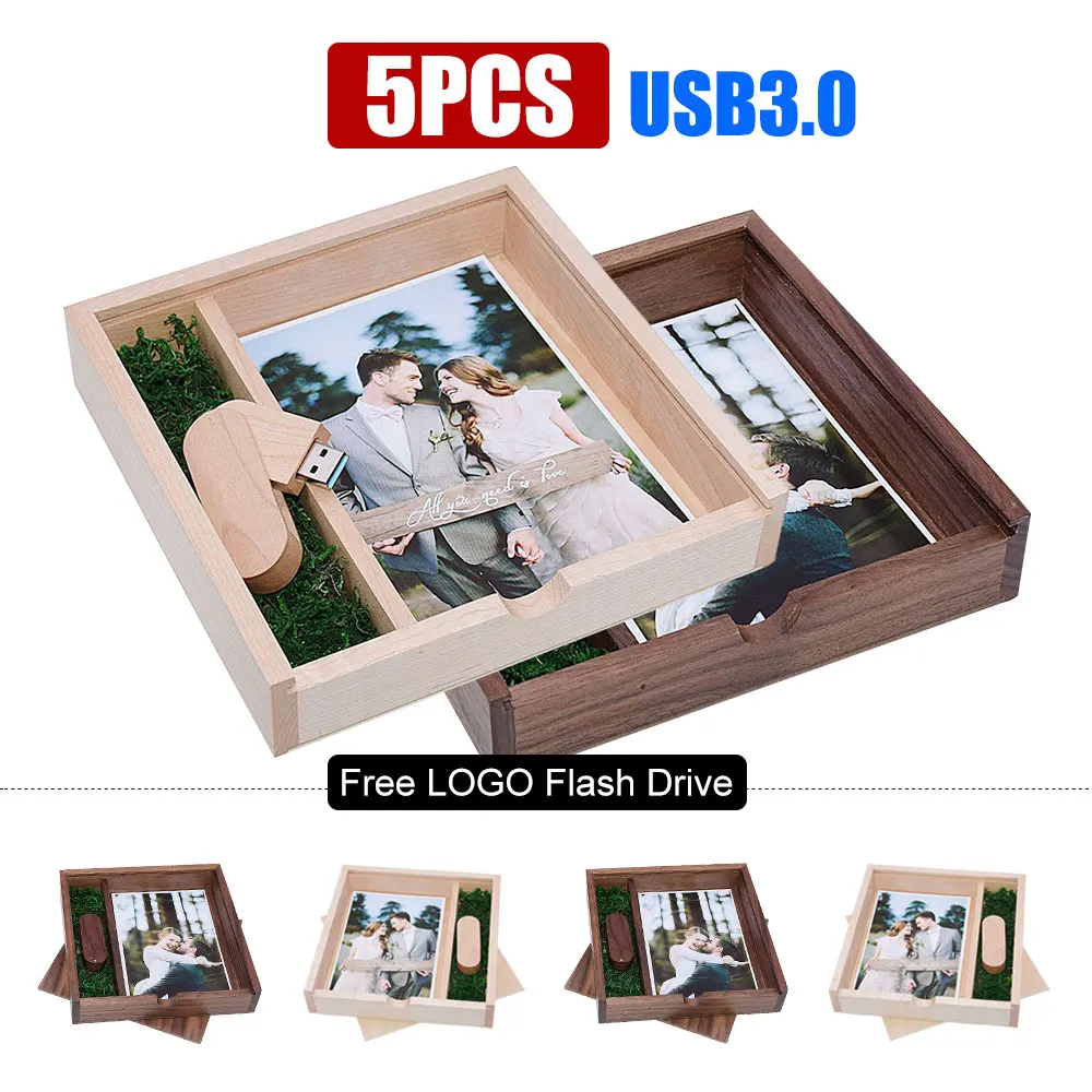 5PCS/LOT Pen Drive Free Custom Logo USB 3.0 Maple Photo Album Wooden Box USB Flash Drives 128GB Photography Stick 170*170*35mm