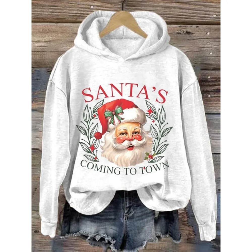 2024 Christmas Hoodies For Women\'s Funny Santa Claus Long Sleeve Hooded Sweatshirts Woman Autumn Clothing Holiday Casual Hooded