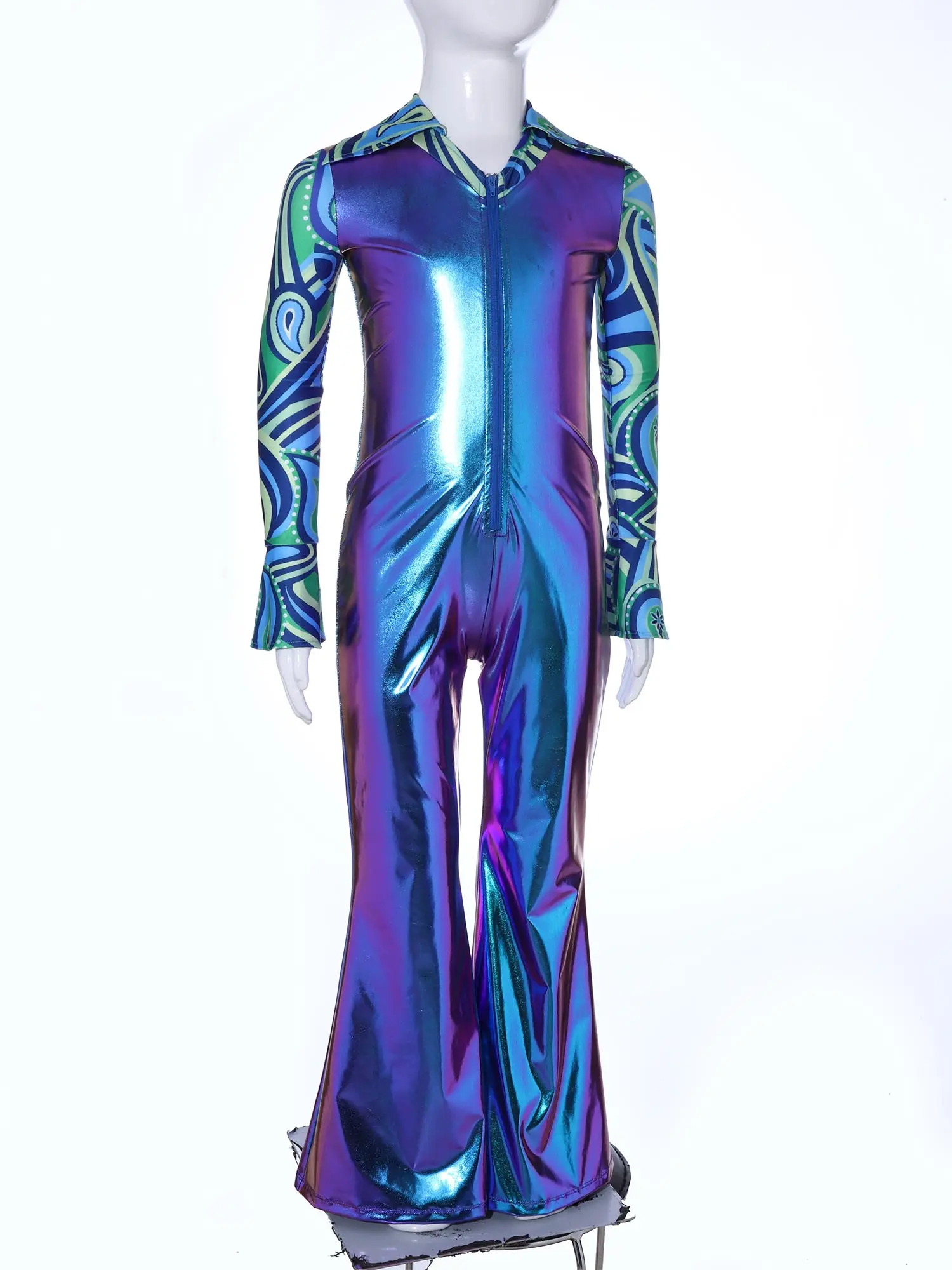 Crianças meninos hippie macacão 70s roupas rave disco traje sino-bottom calças impresso flares brilhante metálico desempenho traje