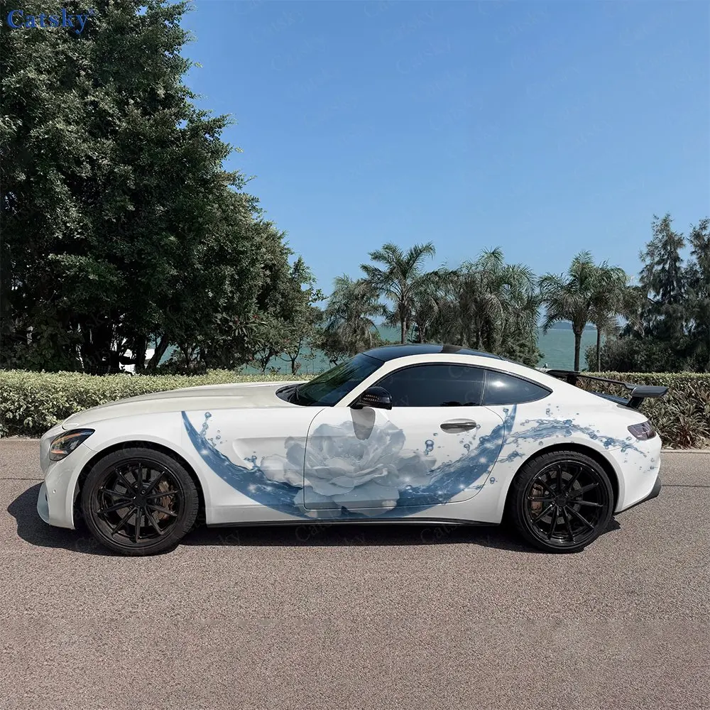 2pcs Moonlight Water & Blue Peony Car Side Wraps, Self-Adhesive PVC Waterproof & Scratch-Resistant Stickers, Car Accessory Gift