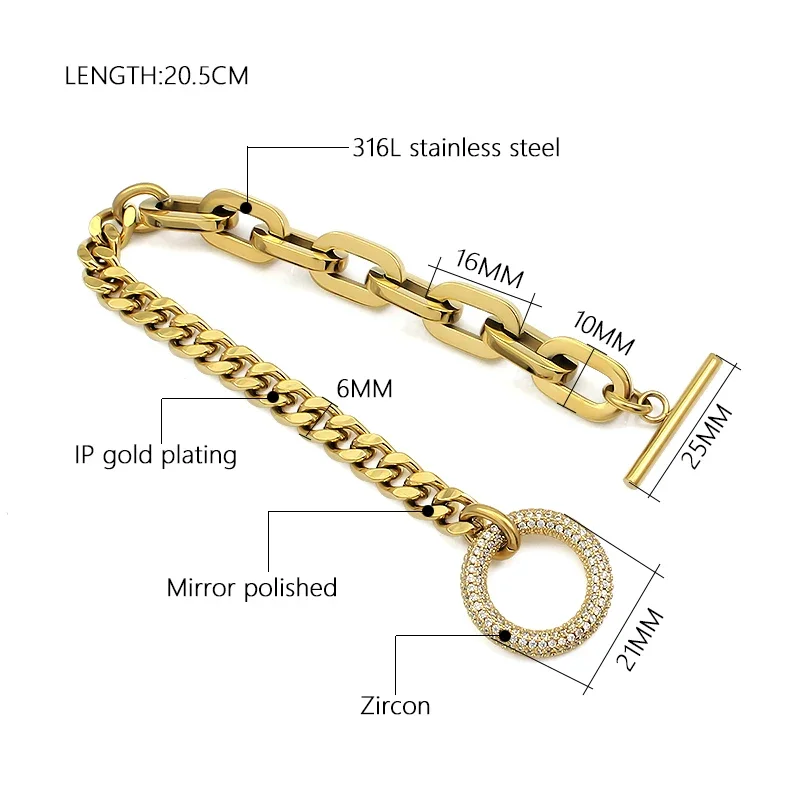 Classic Thick Cuban Link Chain Bracelets Female Gold Color Stainless Steel CZ Crystal Stones Link Hand Chains for Women