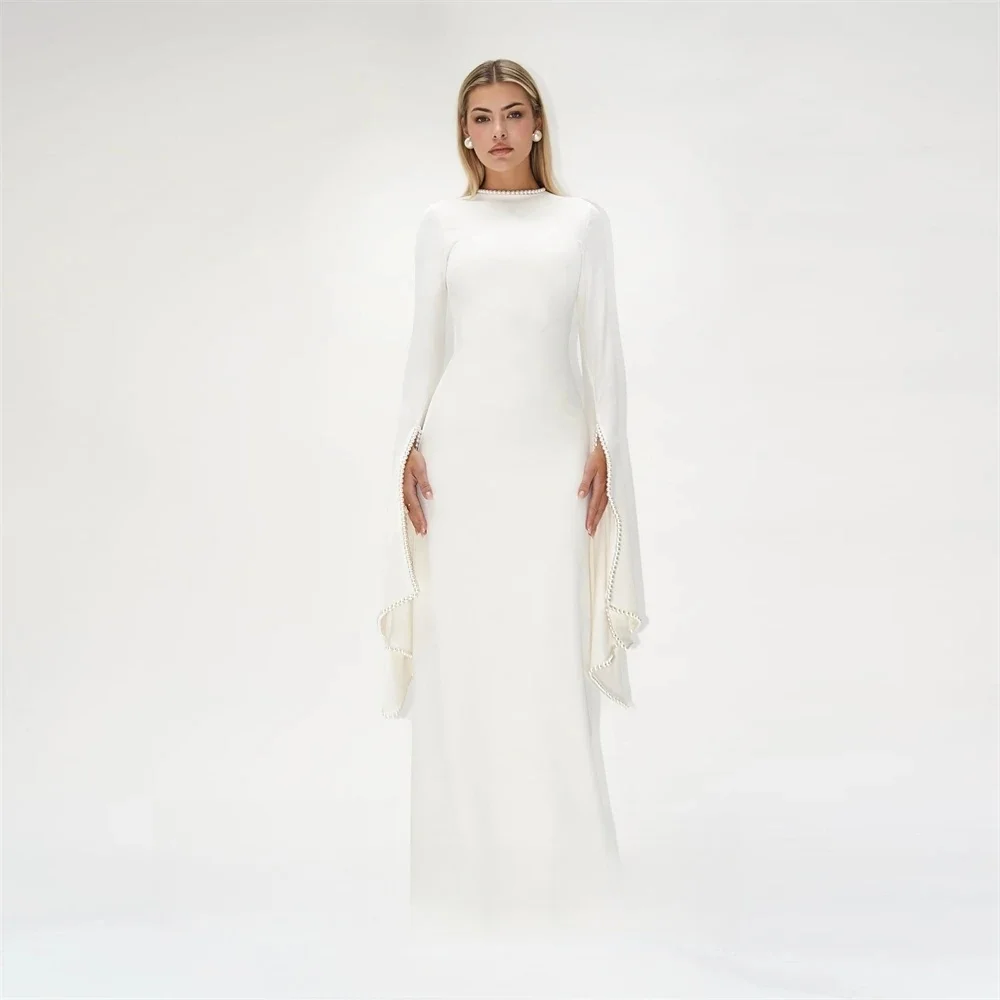 

White Pearls Long Sleeves Bespoke Occasion Gown Evening Dresses Pastrol Unisex Jersey Retro Dubai Saudi Arabic Prom Customized