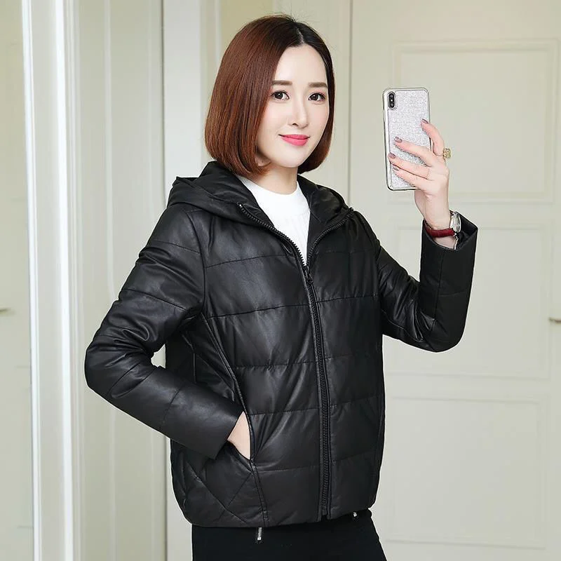 Women's Slim Short Haining Faux Fur Hooded Slim Coat Cotton Padded PU Leather Coat Female Winter Fur Jacket Cotton-Padded Jacket