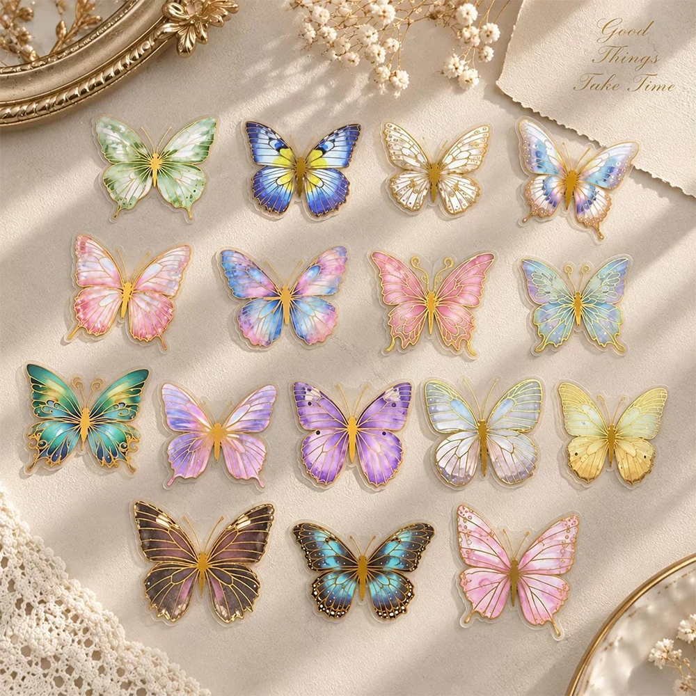 10/30/50pcs Colorful Cute Gold Stamping Butterfly Stickers Transparency Graffiti Decal for Water Bottle Tablet Cartoon Sticker