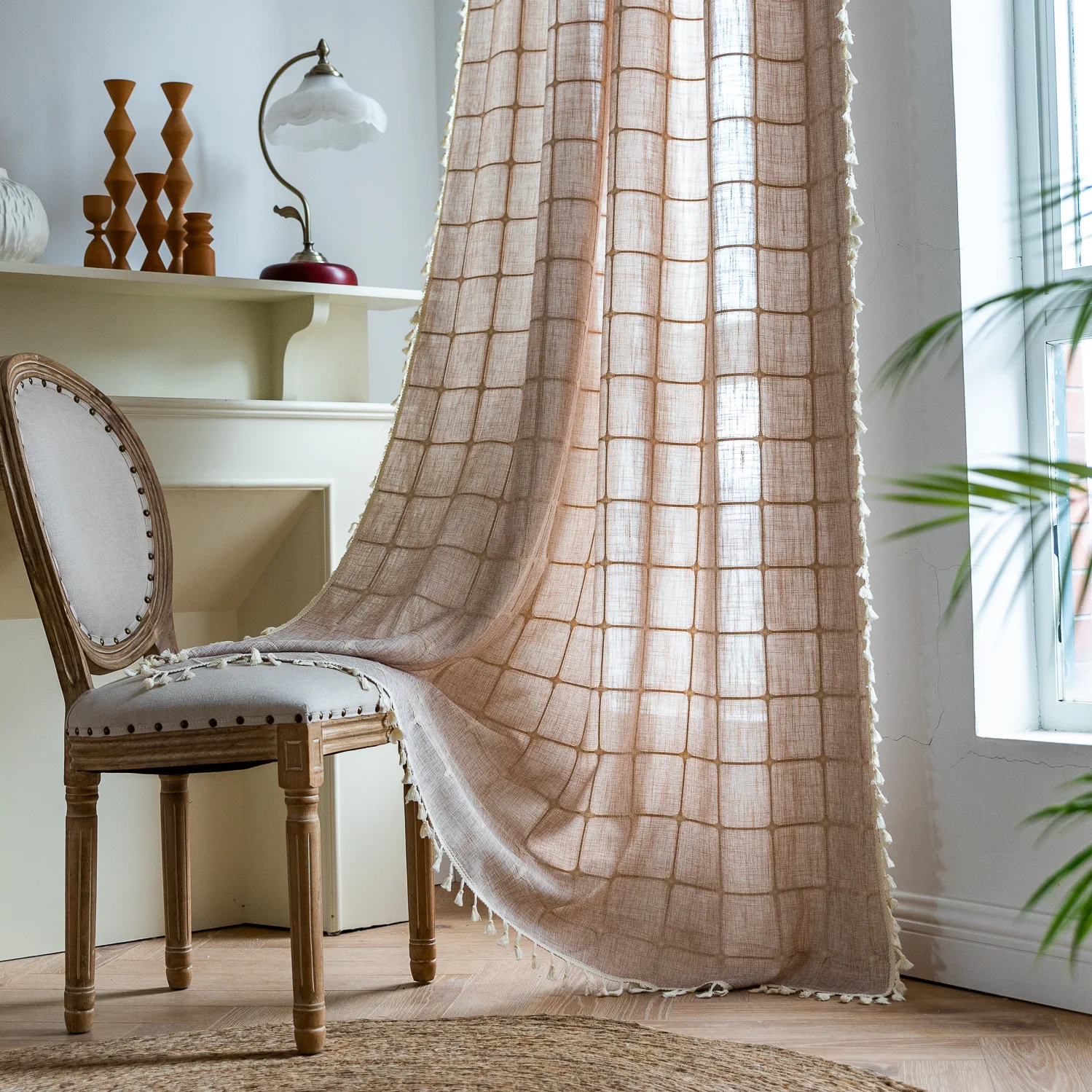 Farmhouse Semi-Blackout Window Curtains Embroidery Lattice Cotton Linen Darkening Curtains with Tassel for Dining Living Bedroom
