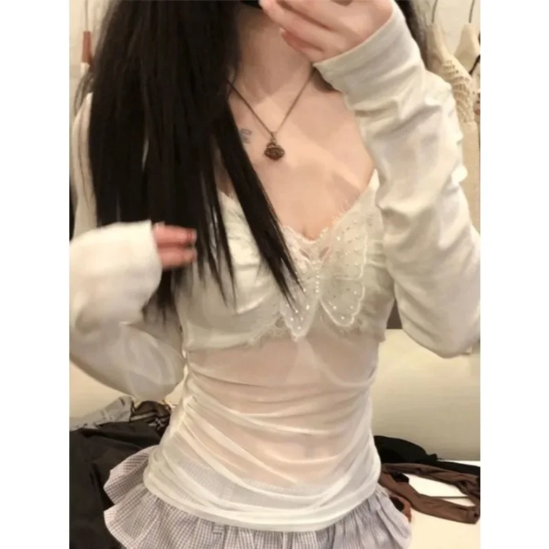 Japanese Y2k Harajuku Tank Top Hot Girl Mesh Bow Splicing Long Sleeved T-shirt Spring/summer Pure Desire Slim Fit Tees