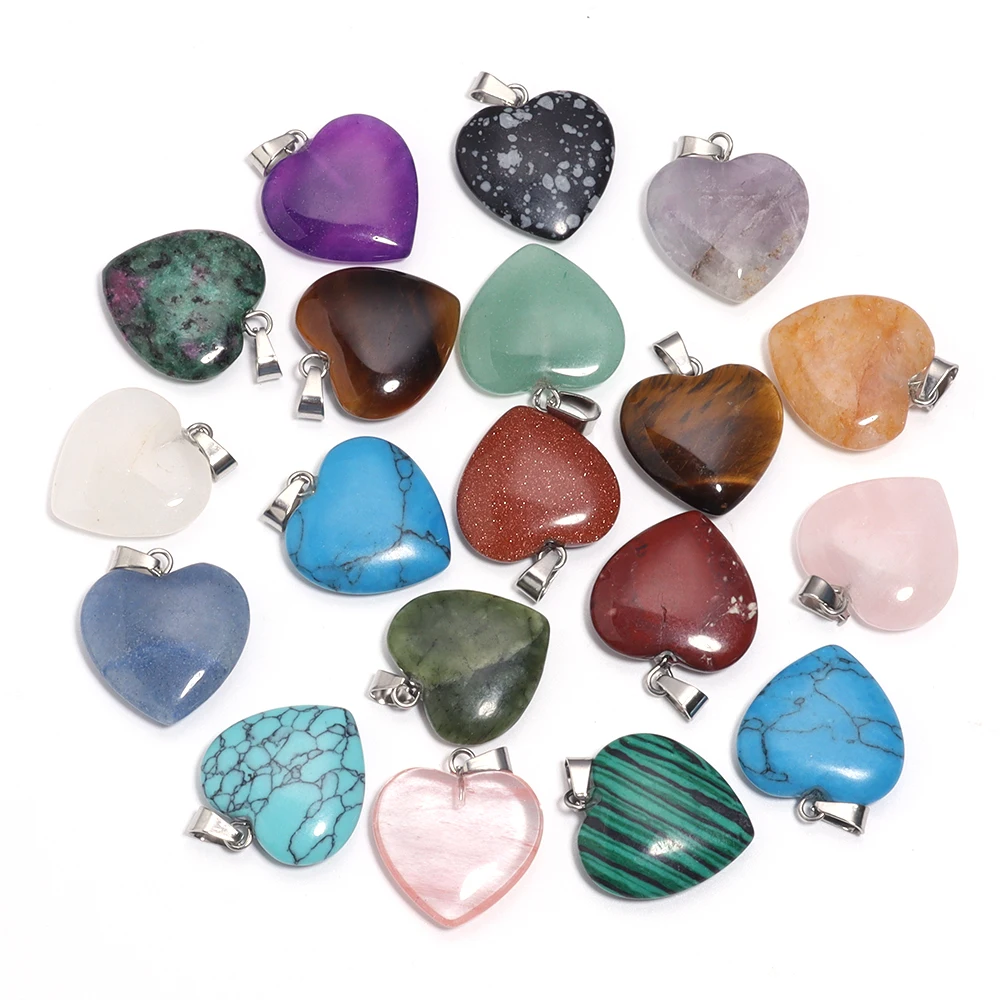 22X20mm Natural Stone Pendants Mix Color Heart Shape Charms Pendants Amethyst Opal Necklace Pendant For DIY Making Jewelry