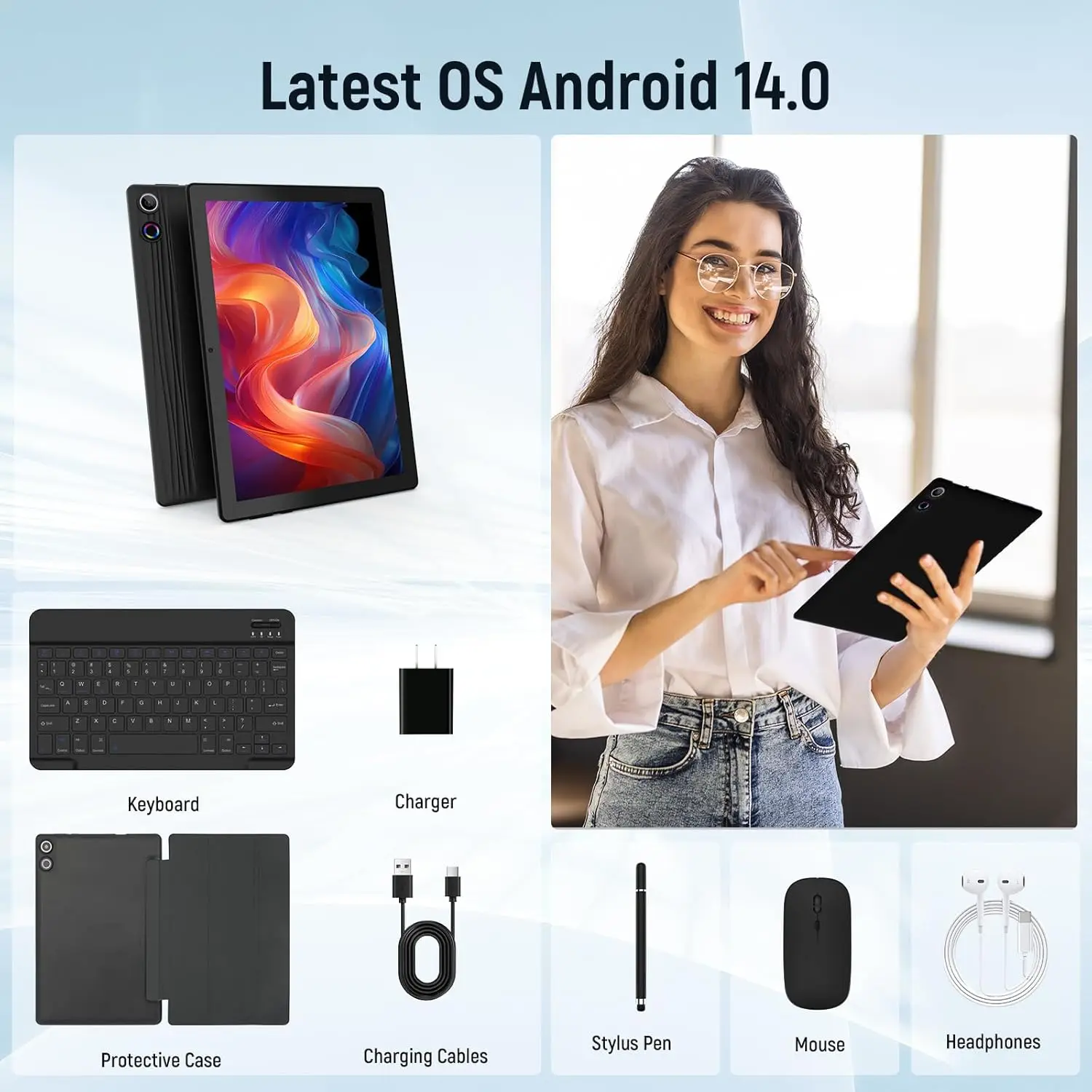 Tablet Android 11 Inci 14GB + 64GB Octa-Core 6800MAh Widevine L1 8 In 1 dengan Casing Pelindung Mouse Keyboard Pengisi Daya Headset Stylus