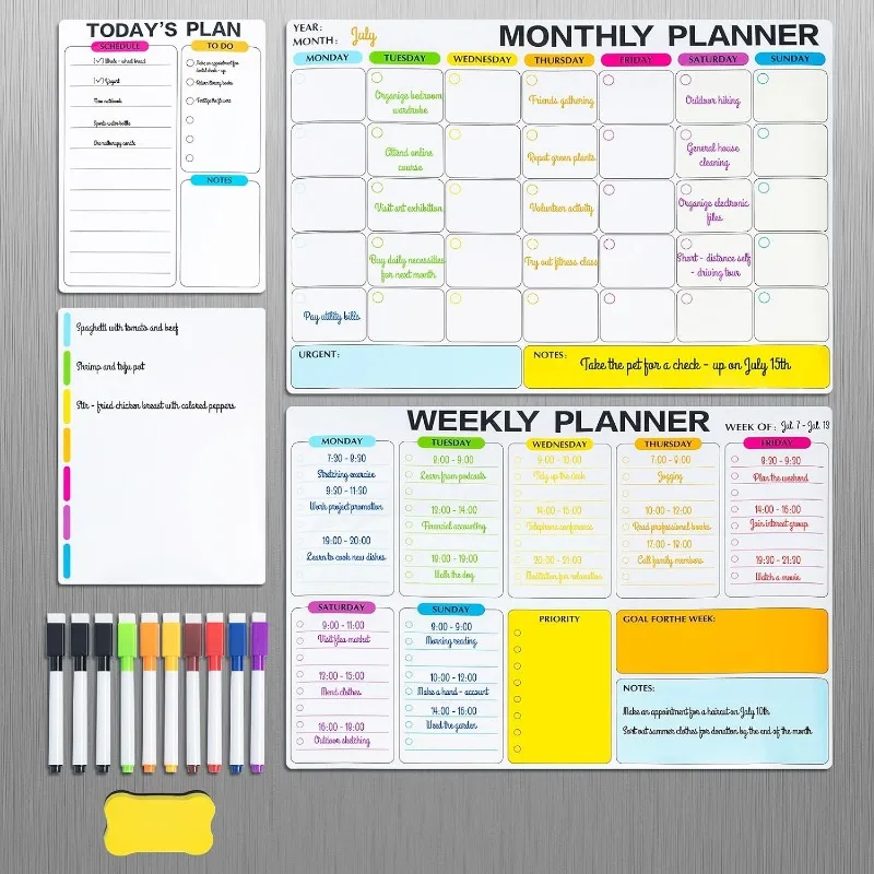Refrigerator Magnetic Whiteboard Calendar, 4-Piece Set, Magnetic Whiteboard, Family Planner, Accessory Colors Are Random