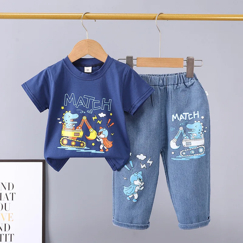 2025 New Children\'s Set boys Summer Cartoon Printed Short Sleeve+Cowboy Pants Infant Fashion Set 0-4 Years Old