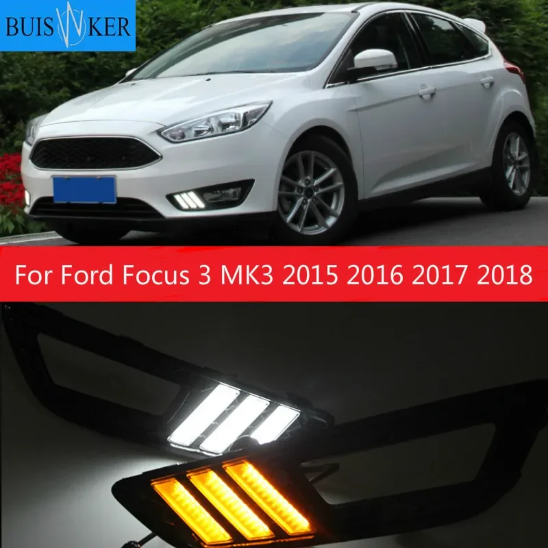 

2PCS LED Daytime Running Light For Ford Focus 3 MK3 2015 2016 2017 2018 Yellow Turn Signal Function Waterproof 12V Car DRL Lamp