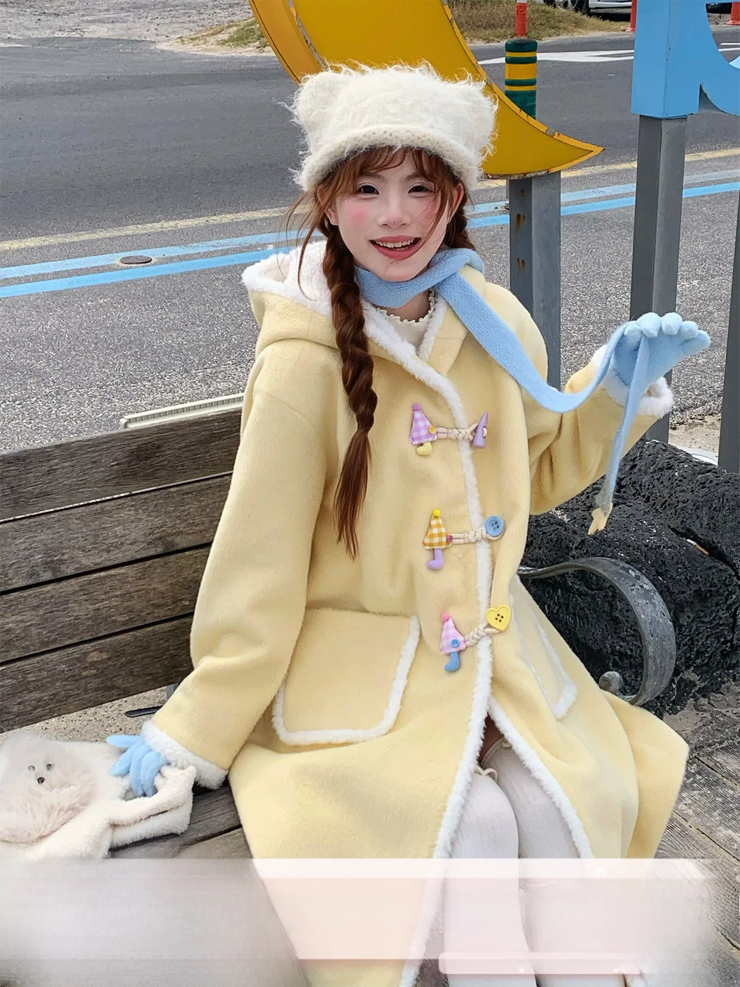 

Sinsingirl Sweet Sle Faux Fur Coat with Button Yellow Woolen Coat with Hat Princ Fit Thiened Winter Outerwear
