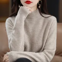 Autumn Winter Women Sweater Half High Collar Long Sleeve Warm Basic Knitted Pullovers Solid Loose Knitwear Casual Korean Jumpers