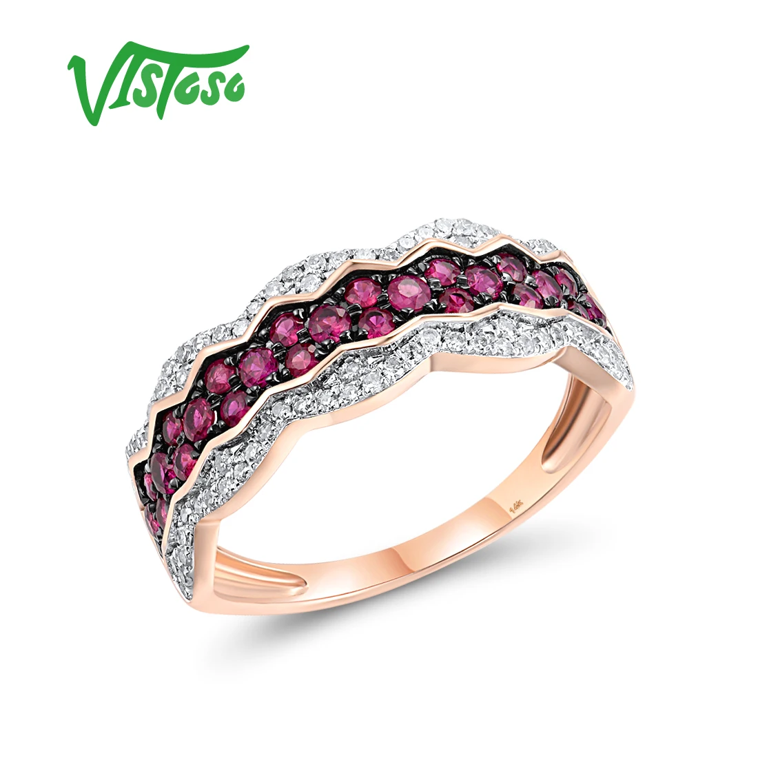 VISTOSO Authentic 14K 585 Yellow Rose Gold Ring For Women Sparkling Diamond Ruby Emerald Luxury Wedding Engagement Fine Jewelry