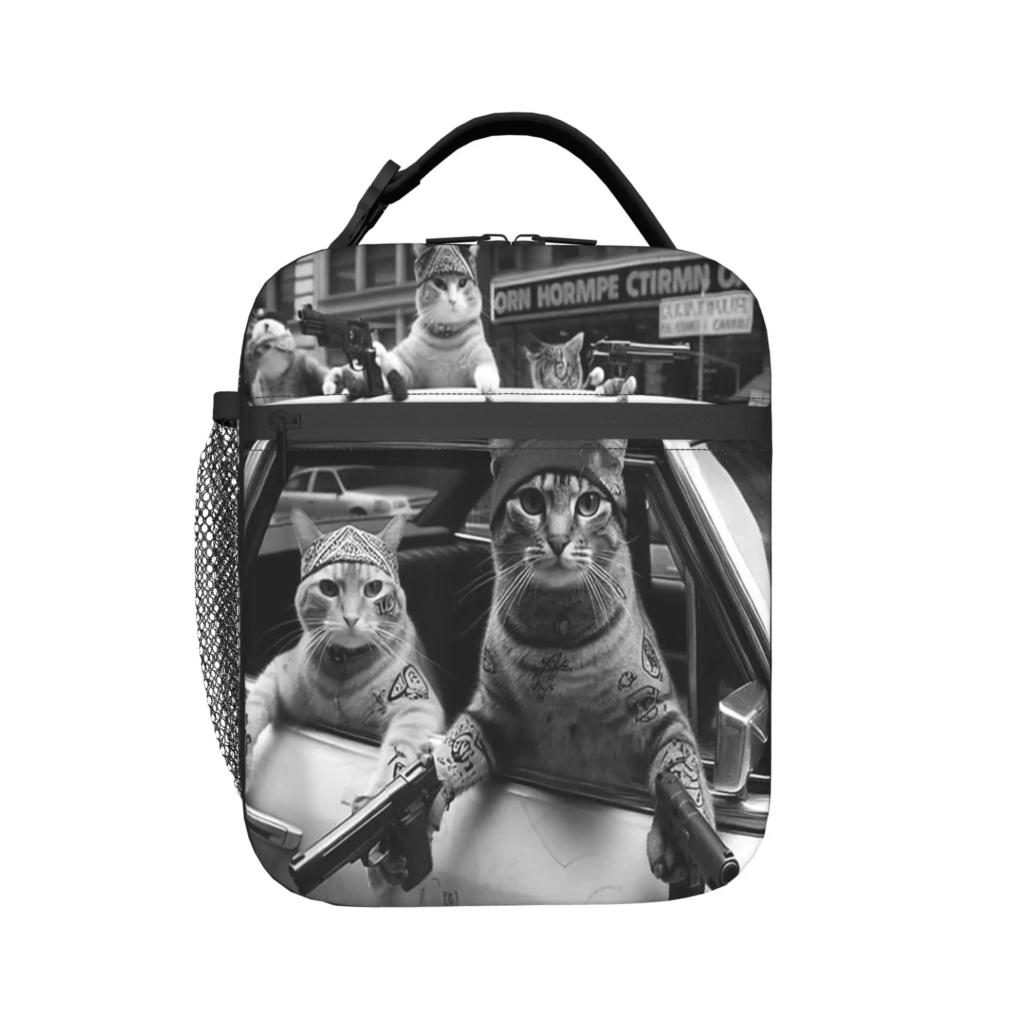 Funny Gangster Cats Lunch Bag  Portable Insulated Lunch Box Men School Print Cooler Bag Fun Oxford Thermal Tote Handbags