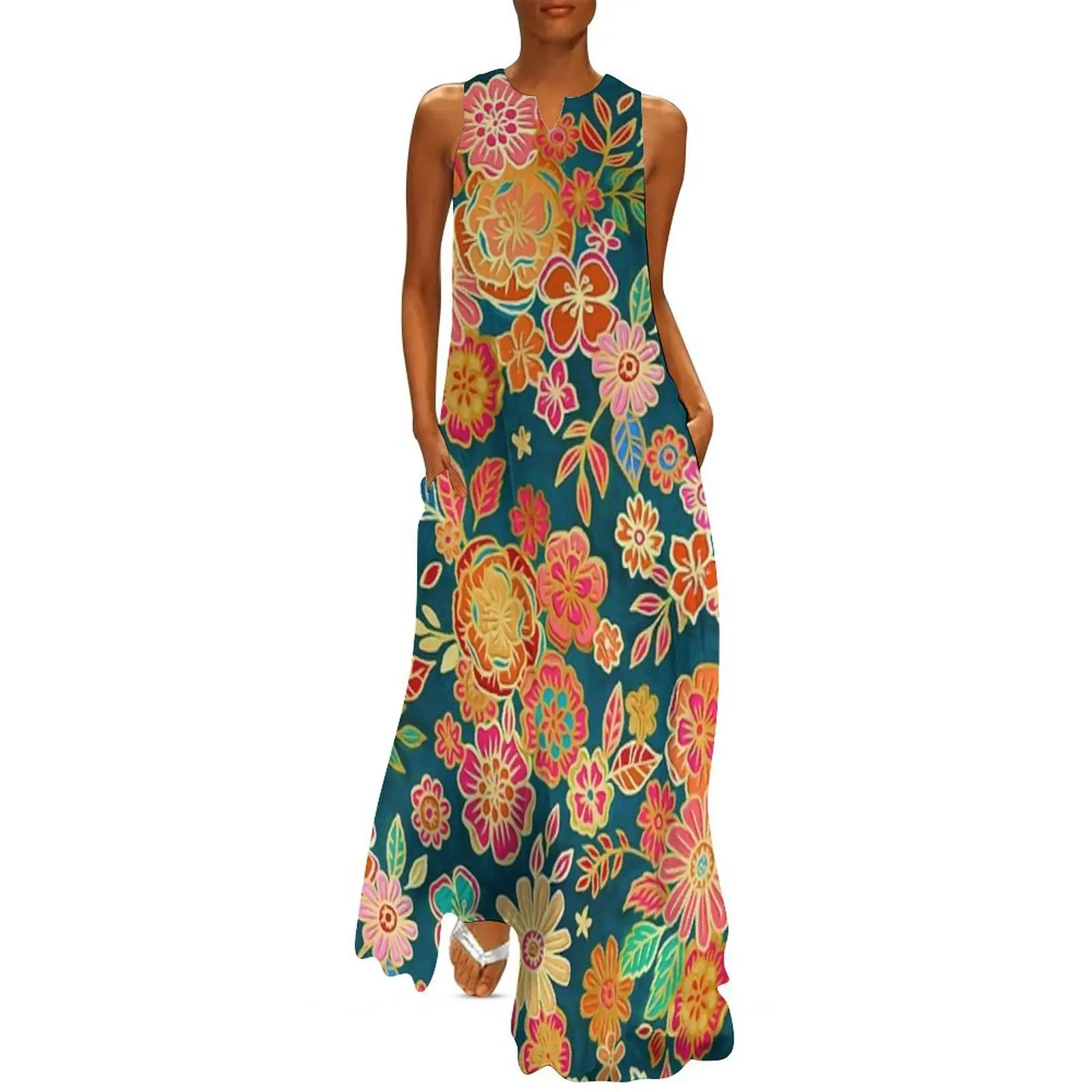 

Gilded Enamel Seventies Floral Long Dress party dress women elegant luxury womens clothing birthday dress