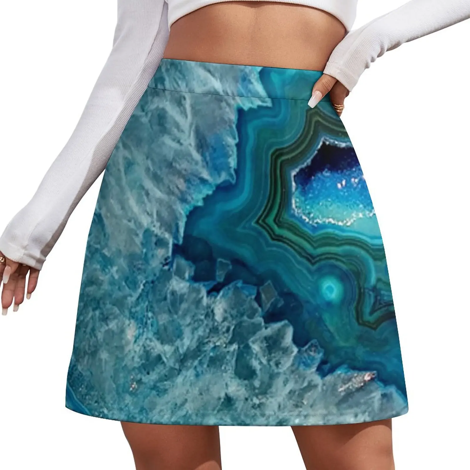 Teal Aqua Turquoise Blue Rock Agate Mineral Crystals Pattern Mini Skirt skirt skirt korean style clothes School