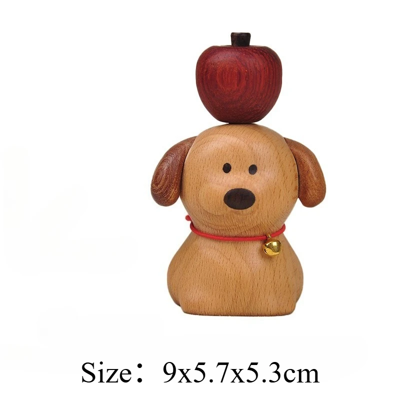 1 PC Beech Wood Apple Dog Magnetic Ornament Cute Carved Desk Wooden Craft Home Animal Decoration Creative Table Decor Handicraft