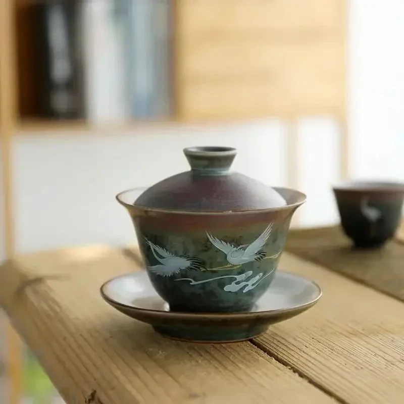 Vintage Ceramic Gai Wan Cha Large Number King Kung Fu Tea Anti-Scalding Tea Sancai Bowl A Single Home Sopera De Ceramica Gaiwan