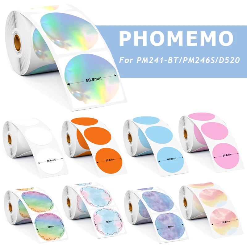 Phomemo Self-Adhesive shipping label for PM-241BT PM246S D520 Printer Round/Square Label Rainbow Color DIY Logo Design bussiness