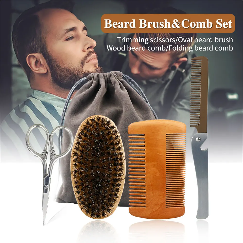 Professional Shaving Brush Soft Boar Bristle Wood Beard Brush Comb For Men Barber Mustache Comb Kit With Gift Bag Hair Comb Set