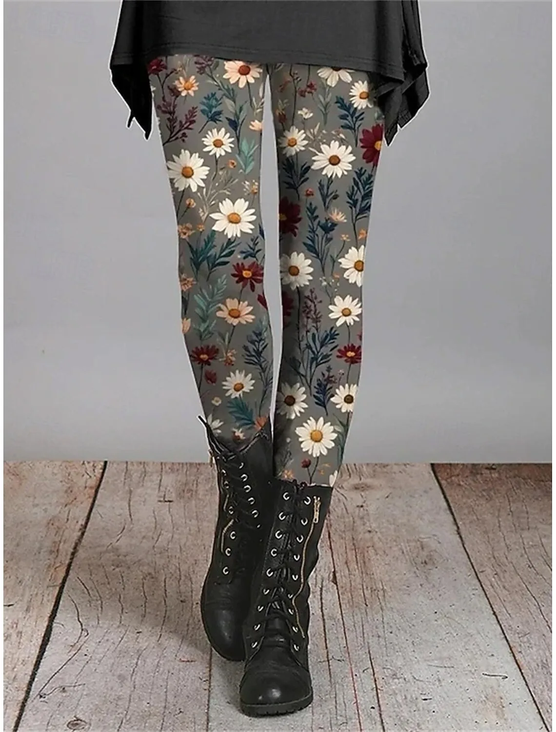 Leggings acogedores con estampado de plantas para mujer, ropa de calle informal con cintura elástica, cómodos para exteriores, para vacaciones al aire libre