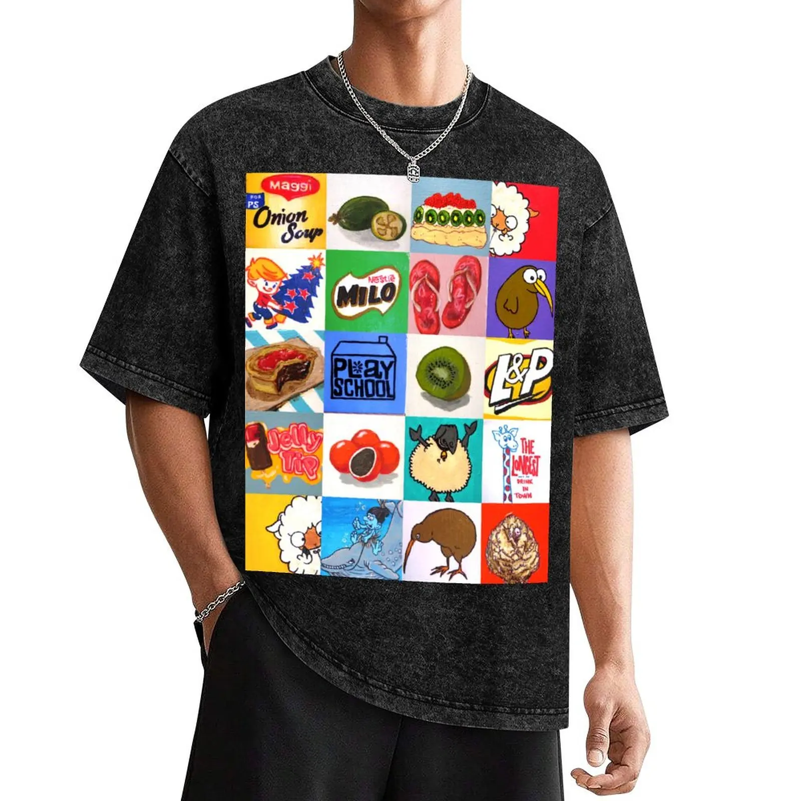 

Kiwiana food and drink icons collage T-Shirt plus size clothes anime figures summer tops anime tshirt slim fit t shirts for men