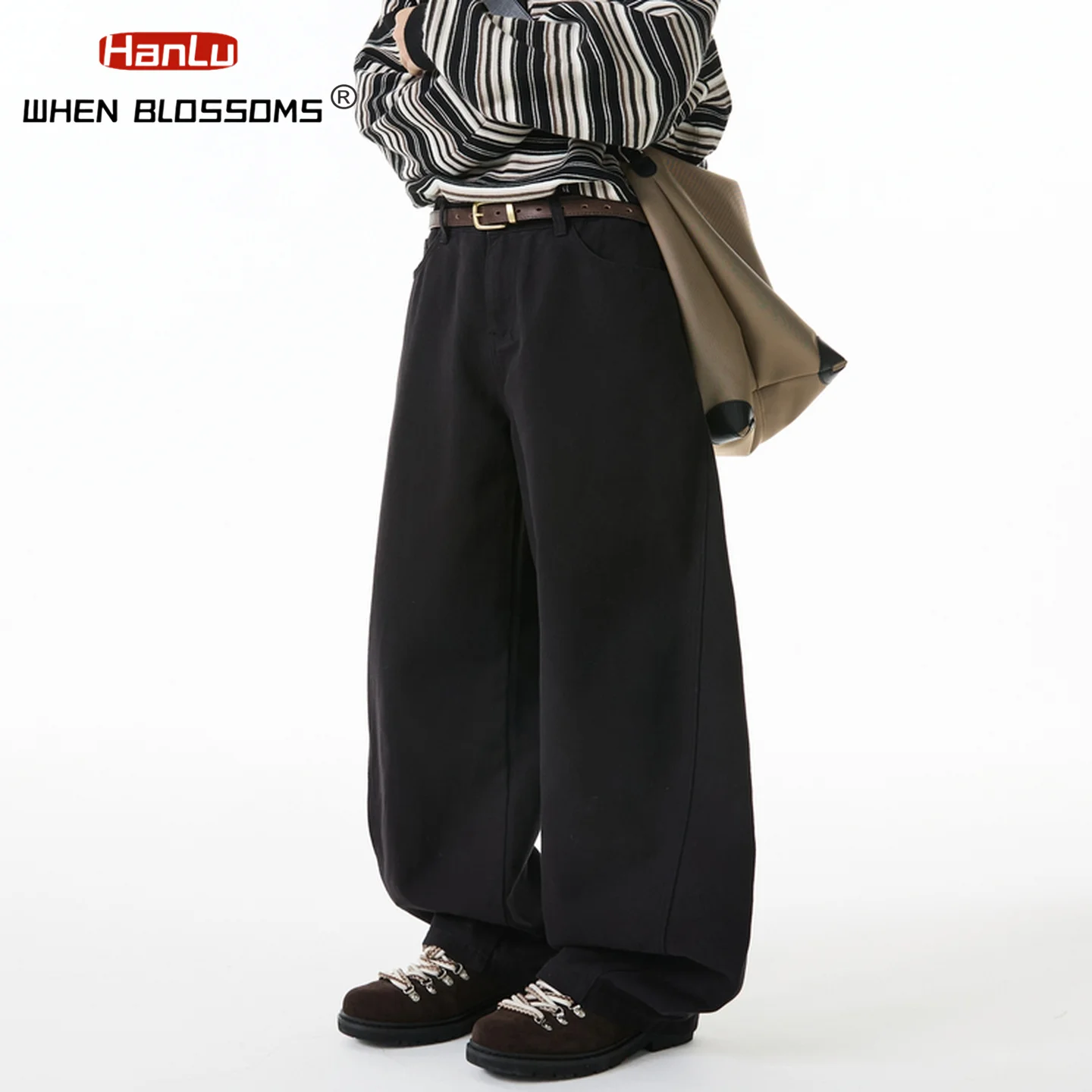 

HANGLU 2025 Men's Vintage Cotton J-Cut Pants Relaxed Fit Straight Leg Deconstructed Streetwear Casual Loose Fit Trouser