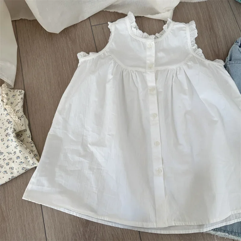 

Белые платья без рукавов для девочек, кружевное детское повседневное платье-жилет в корейском стиле, весна-лето 2024, весна-лето для малышей