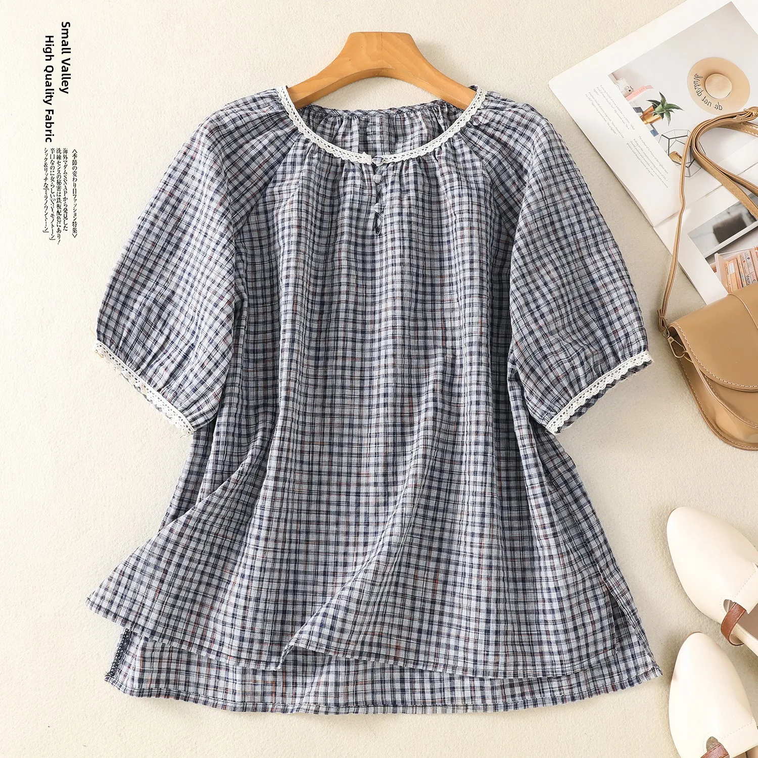 

Casual Cotton Linen Texture Plaid ort Sve irt T-irt Artistic Top Women's Summer Faion Commute Sle Loose Fit roun...