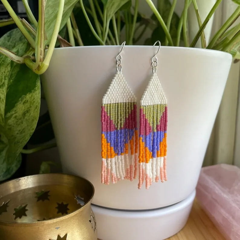Handmade Beaded Earrings Geometry Original Triangle Bohemia Gradient Color Hand-woven Retro Tassel Beaded Earrings for Women view 2