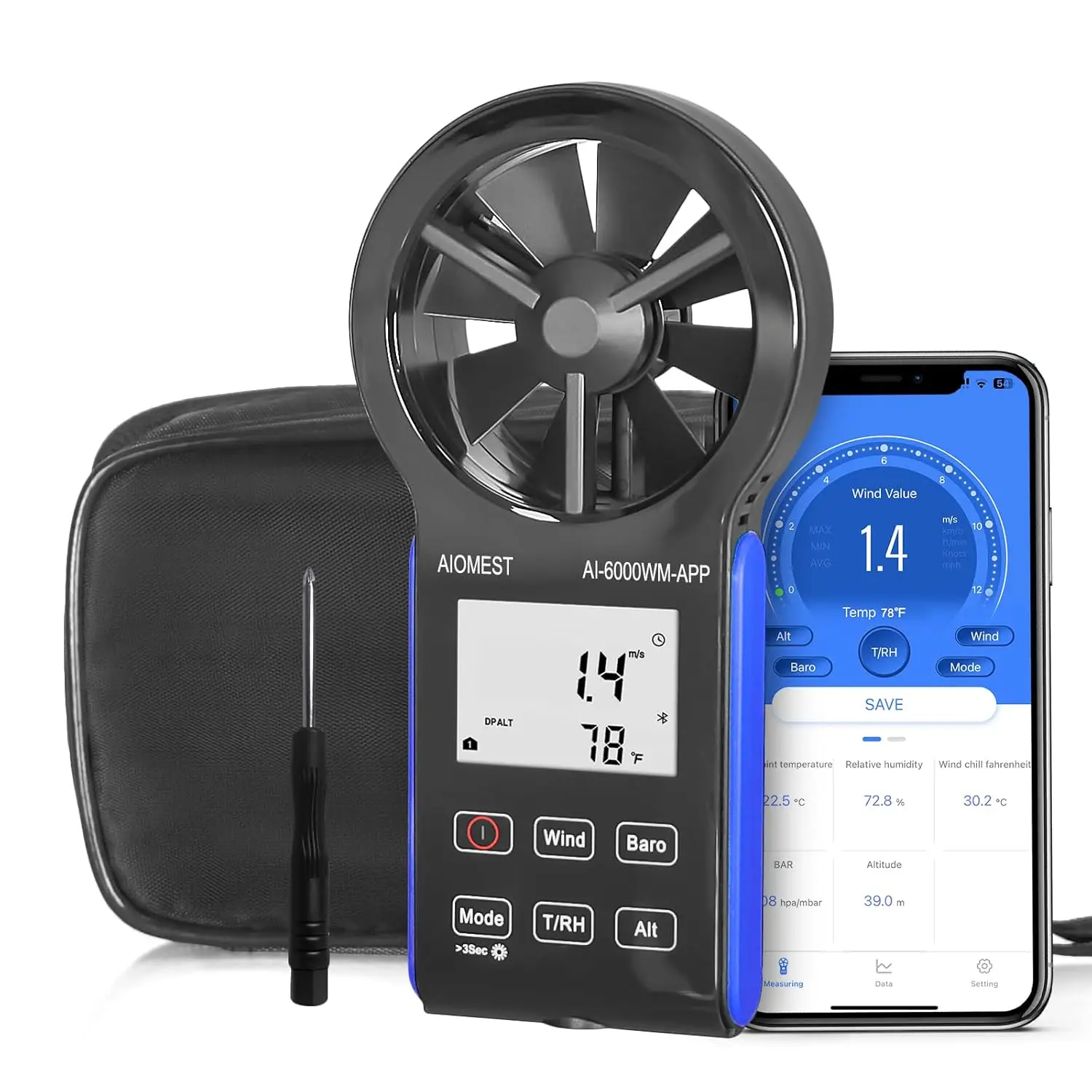 6000WM-APP Digital Anemometer Barometer, Wind Speed Meter,Wind Weather Record, Temperature, Humidity, Dew Point, Altitude