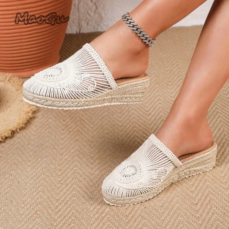 Size 35-43 Crochet Espadrille Wedge Mules Closed Toe Slip-On Fashion Slippers Casual Bohemian Platform Slides for Woman Zapatos
