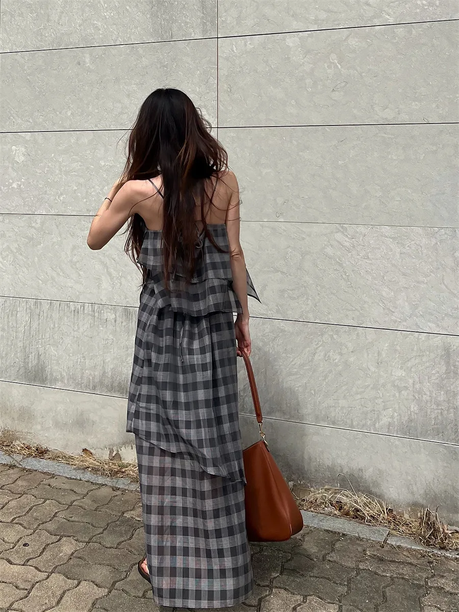 Schicker karierter Träger Dr. Damen-Sommer-Asymmetrisches Design Lang Dr. Casual Sle Ele Classy Maxi Dr von Dongda Gate