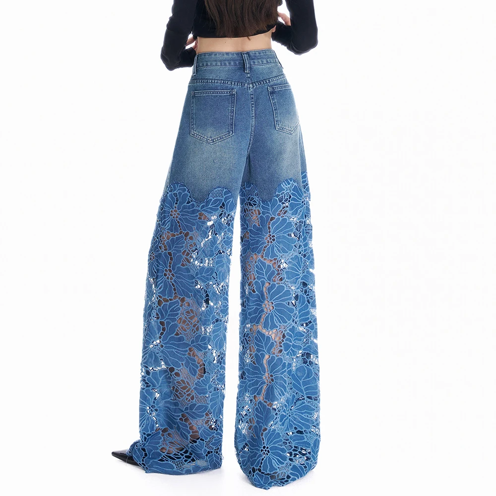 Women Hollow Lace Patchwork Flare Jeans Vintage Washed Rhinestone Denim Pants High Waist See Through Wide Leg Trousers